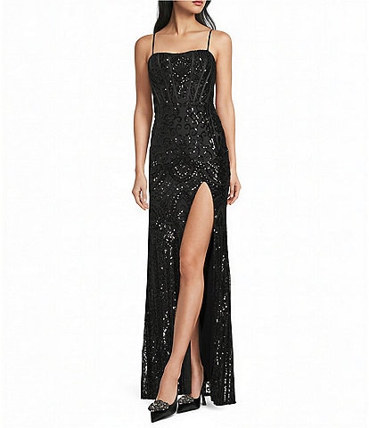 Blondie Nites Sequin Patterned Corseted Side Slit Dress