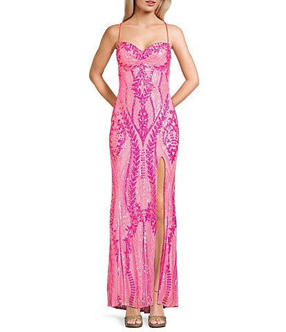 Blondie Nites Sequin Patterned Pinch Front Lace Up Back Side Slit Dress