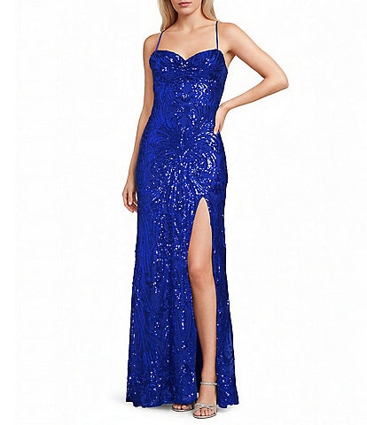 Blondie Nites Sequin Patterned Pinch Front Lace Up Tie Back Side Slit Long Dress