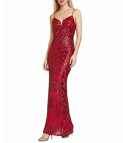 Blondie Nites Sequin Rose Patterned Notch Front V-Back Ballgown