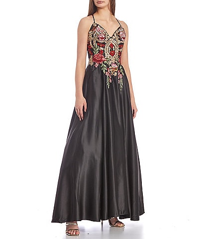 Blondie Nites Spaghetti Strap V-Neck Embroidered Bodice Lace Up Back Ball Gown