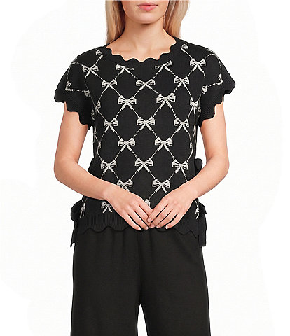 Blu Pepper Bow Pattern Knit Short Sleeve Tie Side Sweater