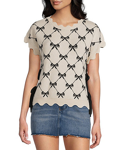 Blu Pepper Bow Pattern Knit Short Sleeve Tie Side Sweater