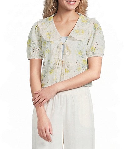 Blu Pepper Floral Embroidered Collared Short Sleeve Cropped Blouse