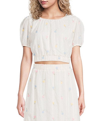 Blu Pepper Floral Embroidered Short Puff Sleeve Coordinating Cropped Top