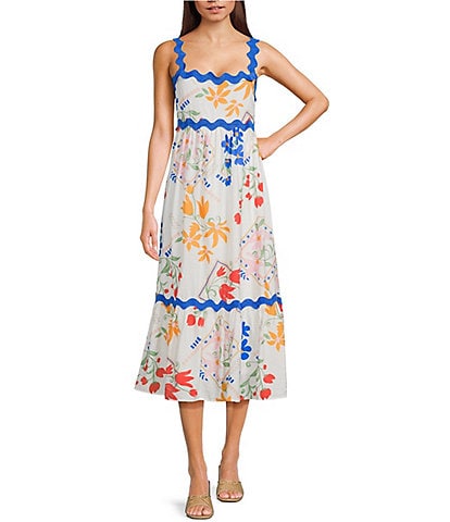 Blu Pepper Floral Print Ricrac Trim Midi Dress