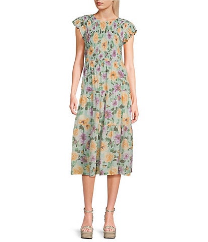 Blu Pepper Floral Print Short Sleeve Smocked Bodice Tiered Midi Dress