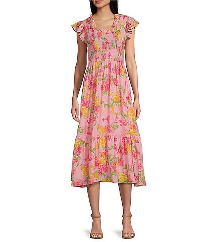 Blu Pepper Floral Print Smocked Midi Dress