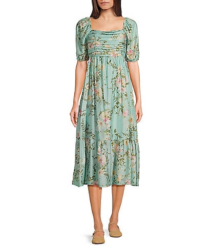 Blu Pepper Floral Print Square Neck Short Sleeve Midi Dress