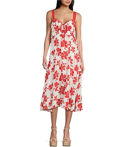 Blu Pepper Floral Print Sweetheart Neck Lace Detail Midi Dress