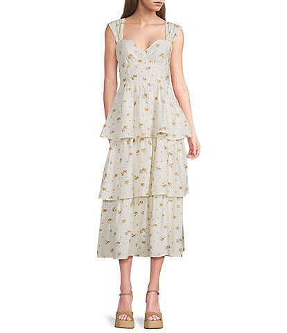 Blu Pepper Floral Printed Sweetheart Neck Tiered Midi Dress