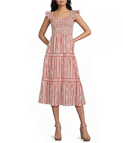 Blu Pepper Floral Striped Print Square Neck Ruffle Sleeve Midi Dress