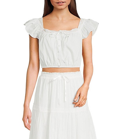 Blu Pepper Flutter-Sleeve Lace-Trimmed Crop Top