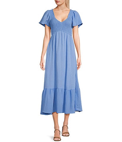 Blu Pepper Flutter Sleeve Smocked V-Neck Midi Dress