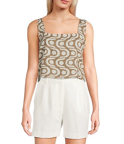 Blu Pepper Geometric Pattern Square Neck Cropped Tie Back Coordinating Tank Top