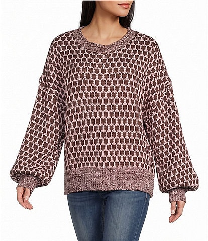 Blu Pepper Geometric Patterned Long Sleeve Marled Trim Relaxed Sweater