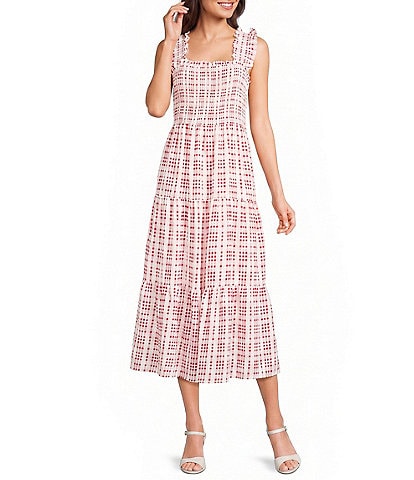  Gingham Square Neck Ruffle Sleeve Smocked Midi Dress