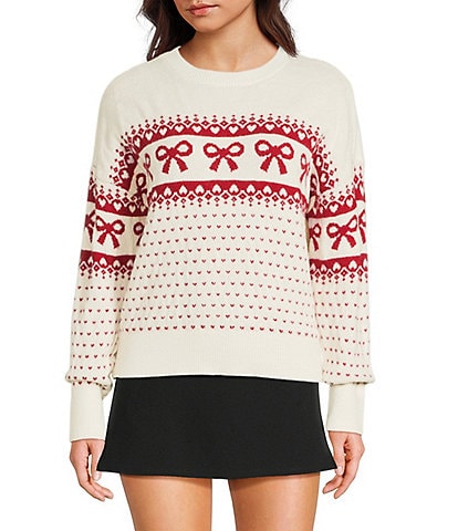 Blu Pepper Jacquard Knit Bow Heart Long Sleeve Sweater