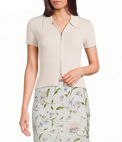 Blu Pepper Knit Collared Short Sleeve Front Zip Top