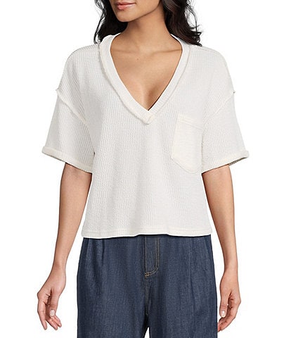 Blu Pepper Knit V-Neck Pocket Short Sleeve T-Shirt