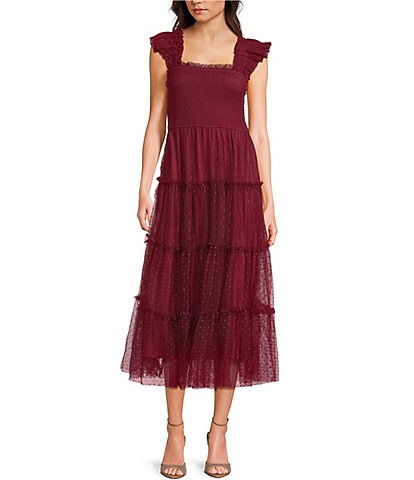Blu Pepper Lace Polka Dot Square Neck Sleeveless Tiered Midi Dress