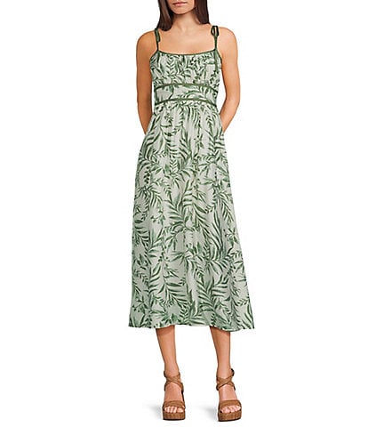 Blu Pepper Leaf Printed Scoop Neck Tie Shoulder Sleeveless Smocked Midi Dress