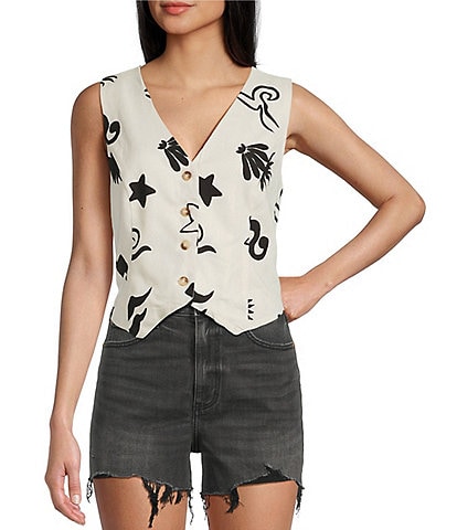 Blu Pepper Linen Blend Doodle Print Vest