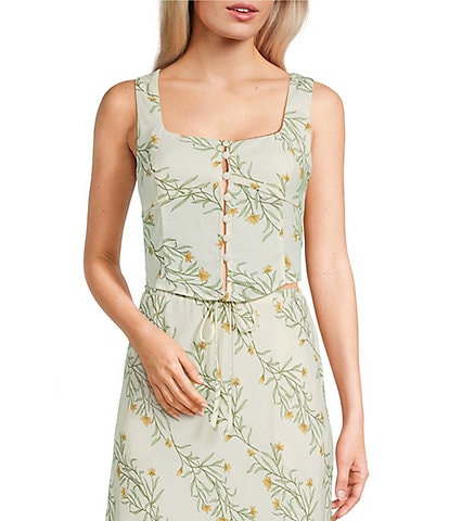 Blu Pepper Linen Blend Floral Print Coordinating Cropped Top