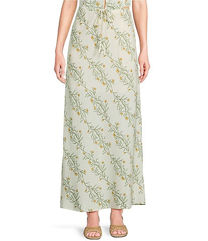 Blu Pepper Linen Blend Floral Print Coordinating Maxi Skirt