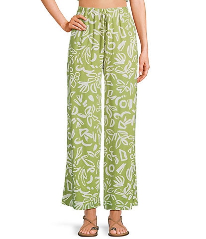 Blu Pepper Linen Blend Floral Print High Waisted Wide Leg Pull-On Pants
