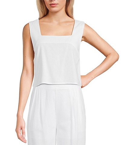 Blu Pepper Linen Blend Square Neck Cropped Coordinating Tank Top
