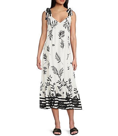 Blu Pepper Linen Blend Tie Strap V-Neck Button Front Dress