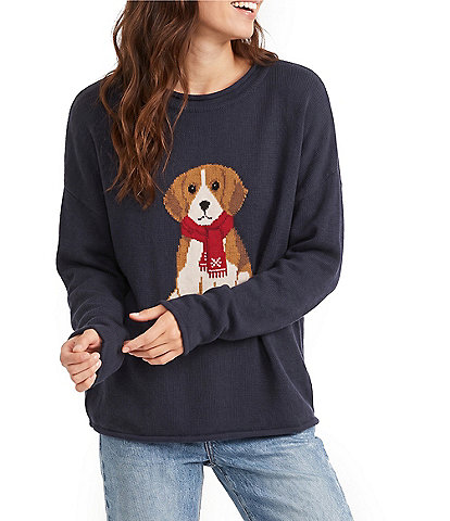 Blu Pepper Long Sleeve Puppy Motif Crewneck Knit Pullover