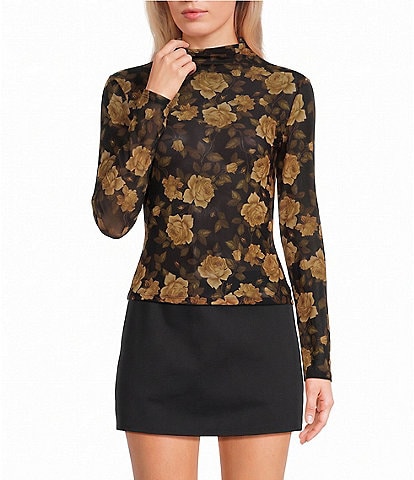 Blu Pepper Mesh Floral Printed Mock Neck Long Sleeve Top