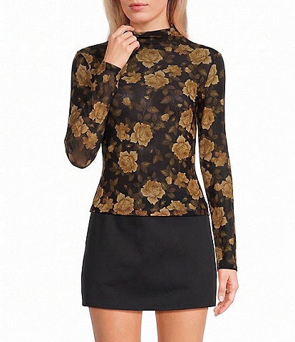 Blu Pepper Mesh Floral Printed Mock Neck Long Sleeve Top