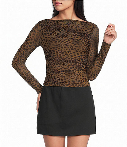 Blu Pepper Mesh Leopard Boat Neck Long Sleeve Top