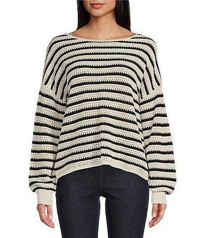 Blu Pepper Off-The-Shoulder Relaxed Stripe Knit Pullover Sweater