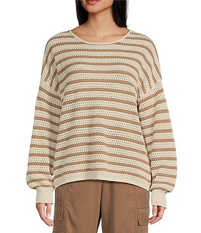 Blu Pepper Off-The-Shoulder Relaxed Stripe Knit Pullover Sweater