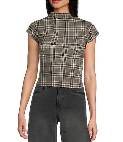 Blu Pepper Plaid Mock Neck Short Sleeve Top