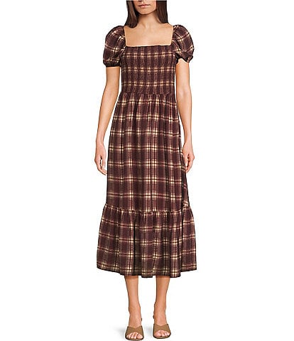 Blu Pepper Plaid Printed Square Neck Short Sleeve Smocked Waist Midi Dress
