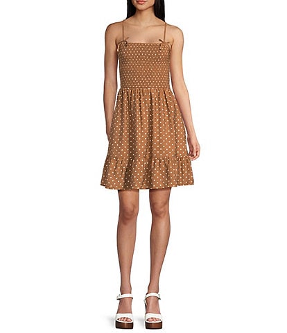 Blu Pepper Polka-Dot Smocked Bow Detail Mini Dress