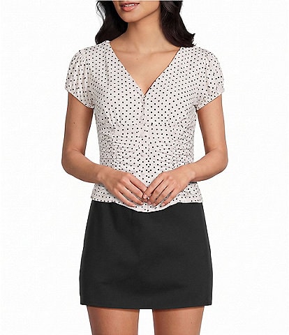Blu Pepper Polka Dot V-Neck Button Down Short Sleeve Top