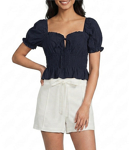 Blu Pepper Short Puff Sleeve Ruffled Tie Front Blouse