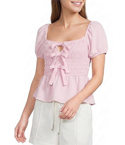 Blu Pepper Short Puff Sleeve Tie Front Shirred Blouse