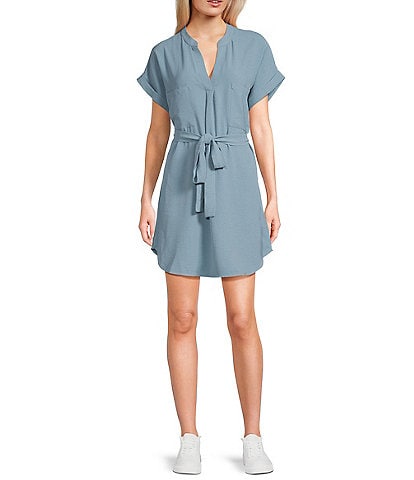 Blu Pepper Short Sleeve Button Back Belted Shirt Dress