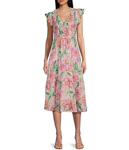 Blu Pepper Short Sleeve Floral Print Midi Dress