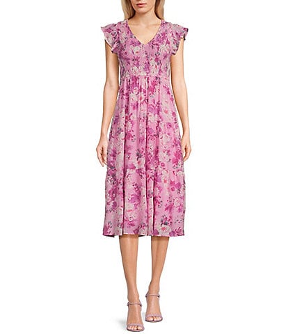 Blu Pepper Short Sleeve Floral Print Smocked Midi Dress