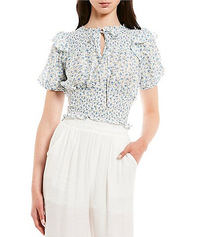 Blu Pepper Short Sleeve Smocked Waist Tie Front Pull-On Floral Top