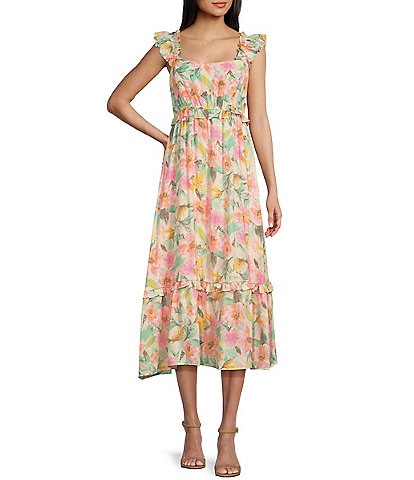 Blu Pepper Sleeveless Floral  Print  Ruffle Strap Midi Dress