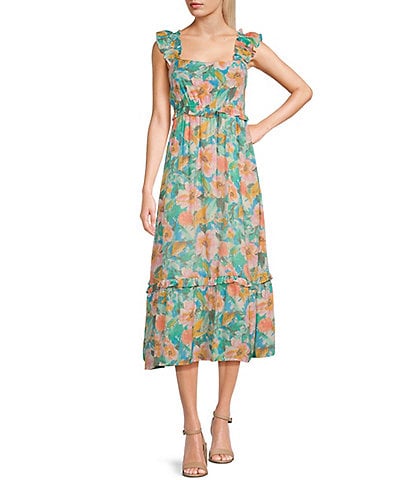 Blu Pepper Sleeveless Floral Print Ruffle Strap Midi Dress